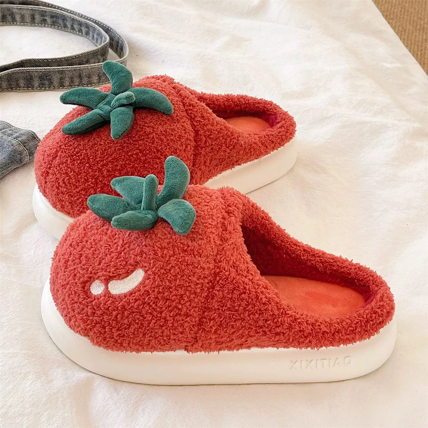 Women Winter Tomato Plush Slippers Red White - Image 2