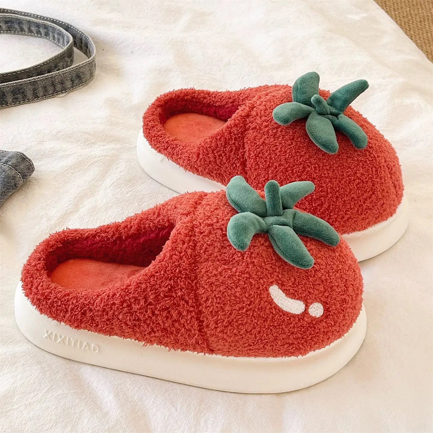 Women Winter Tomato Plush Slippers Red White - Image 3