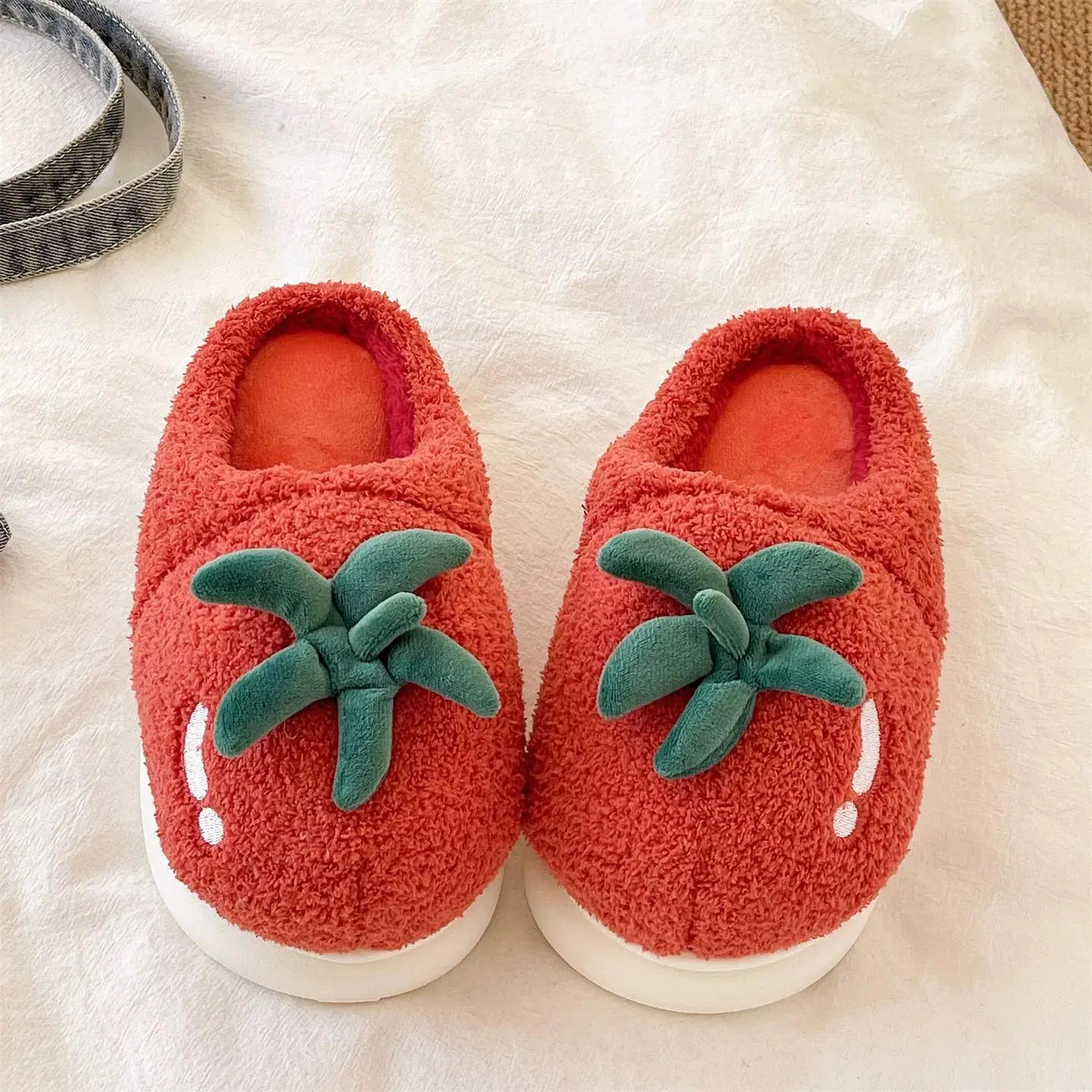 Women Winter Tomato Plush Slippers Red White - Image 4