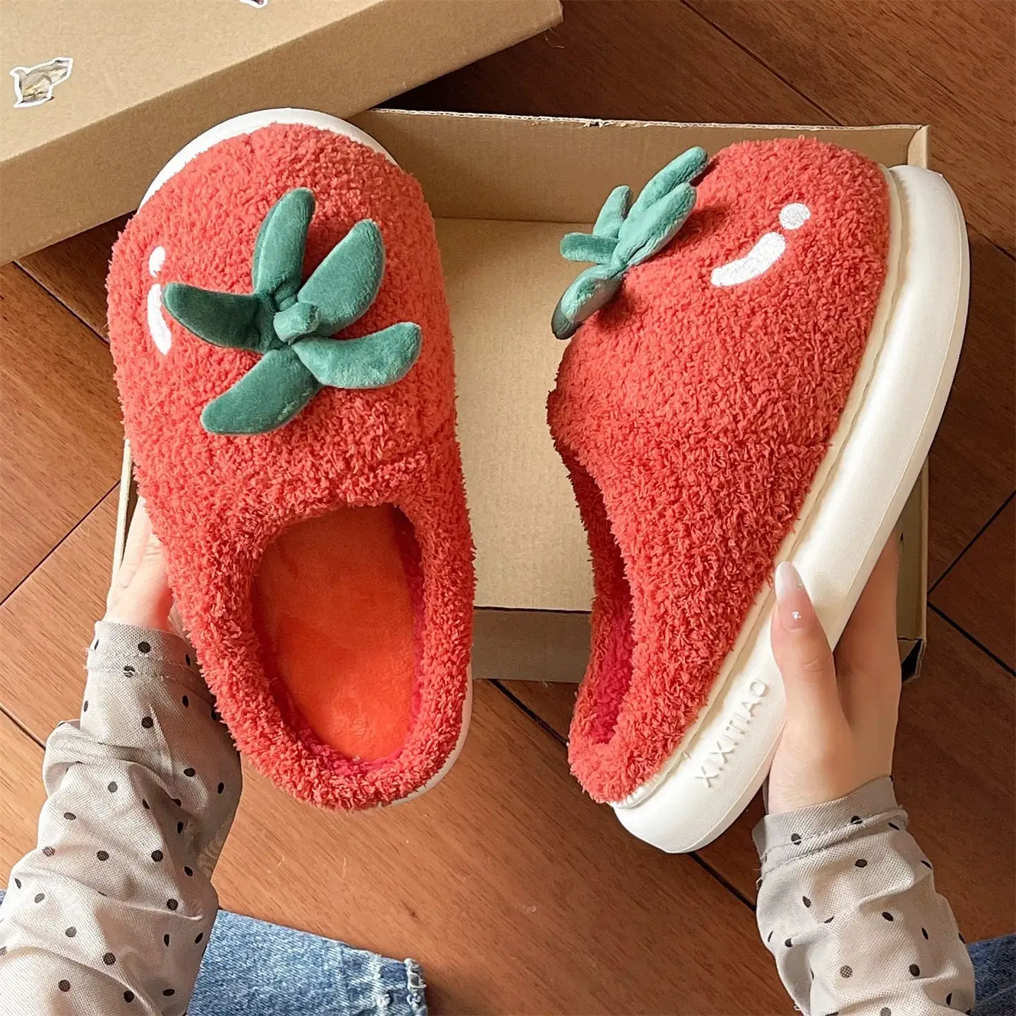 Women Winter Tomato Plush Slippers Red White - Image 5