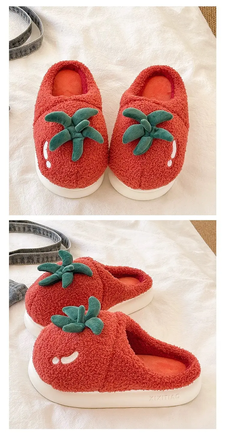 Women Winter Tomato Plush Slippers Red White — feature 4