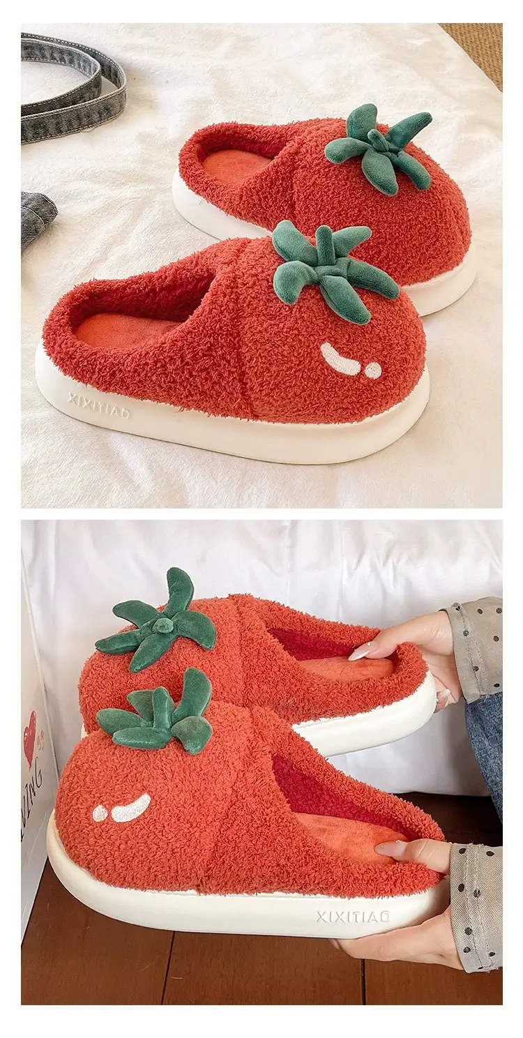 Women Winter Tomato Plush Slippers Red White — feature 5