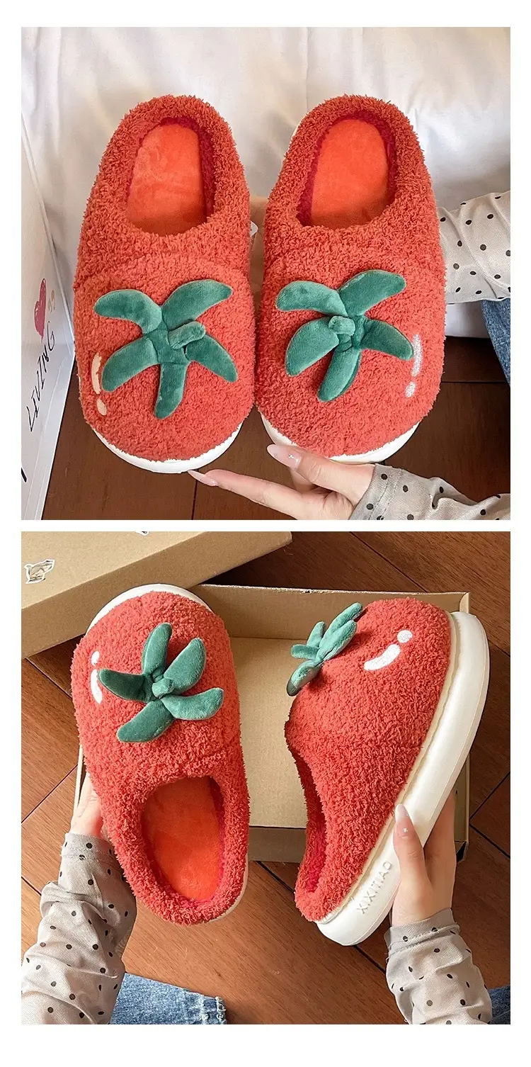 Women Winter Tomato Plush Slippers Red White — feature 6