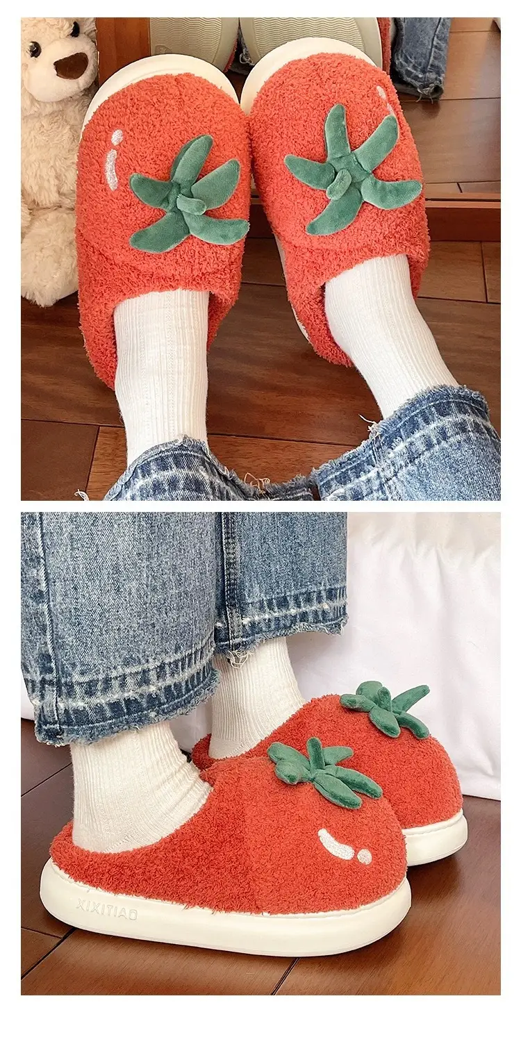 Women Winter Tomato Plush Slippers Red White — feature 7