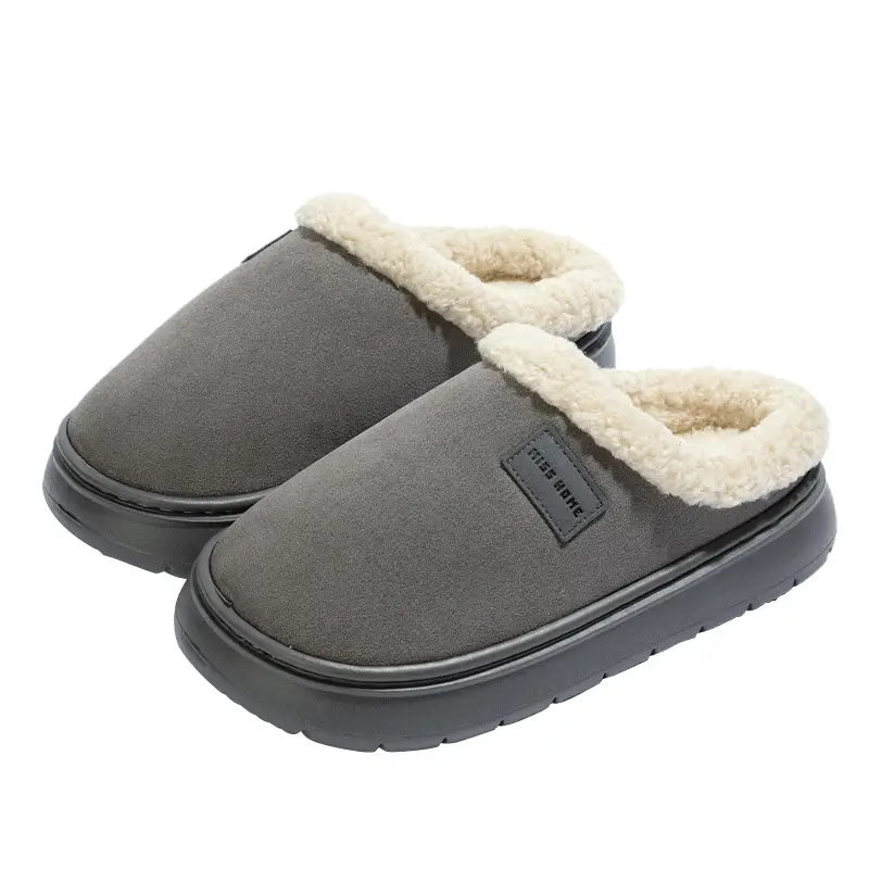 New Solid Color Thick-Soled Slippers for Women, Autumn and Winter Couples Home Fleece-Lined Warm Anti-Slip Cotton Slippers for Men - Image 5