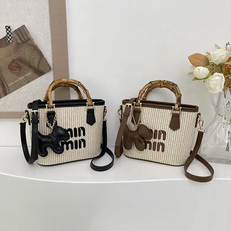 Women's Straw Bamboo Vegetable Basket Bag with Crossbody Strap - Image 6
