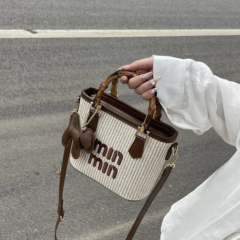 Women's Straw Bamboo Vegetable Basket Bag with Crossbody Strap - Image 7