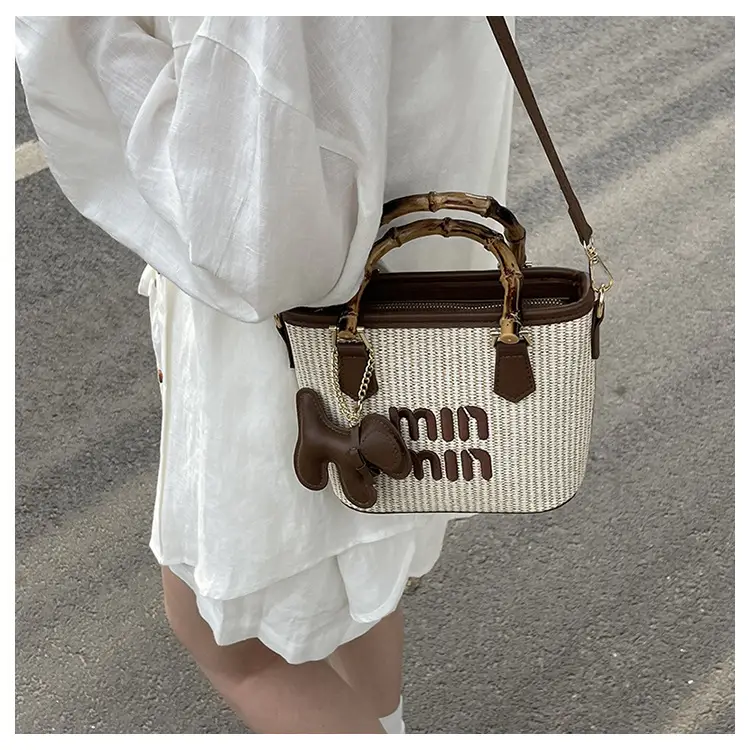 Women's Straw Bamboo Vegetable Basket Bag with Crossbody Strap — feature 16