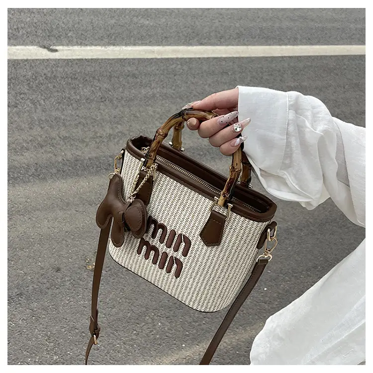 Women's Straw Bamboo Vegetable Basket Bag with Crossbody Strap — feature 9