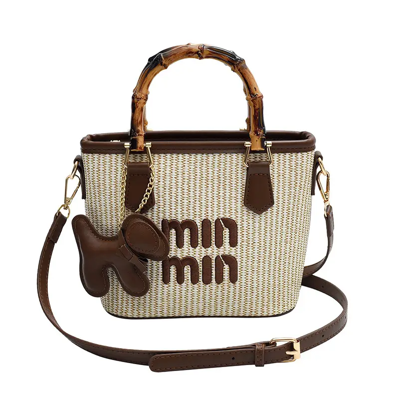 Women's Straw Bamboo Vegetable Basket Bag with Crossbody Strap - Image 2
