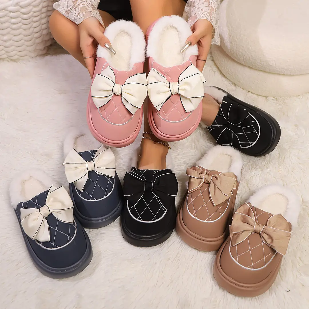 Bow-Knot Plush Cotton Slippers for Women, Autumn and Winter 2025 New Style, Indoor Home Use, Thick-Soled, Soft-Feel Cotton Slippers - Image 4