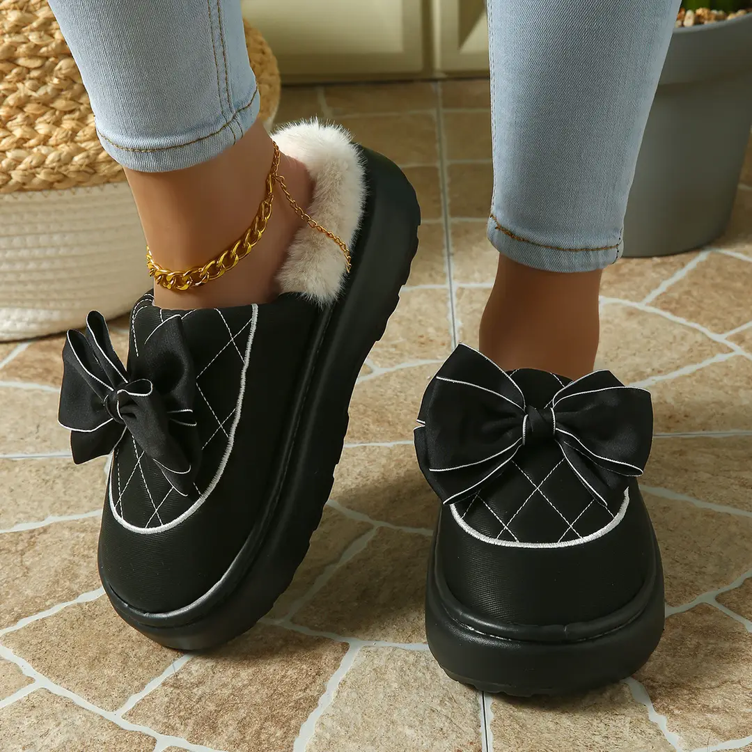 Bow-Knot Plush Cotton Slippers for Women, Autumn and Winter 2025 New Style, Indoor Home Use, Thick-Soled, Soft-Feel Cotton Slippers - Image 3