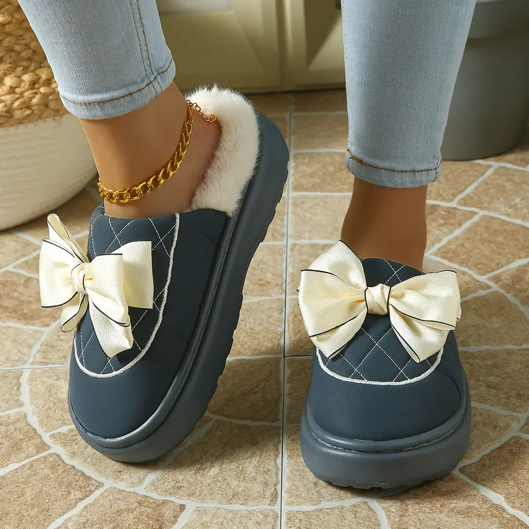Bow-Knot Plush Cotton Slippers for Women, Autumn and Winter 2025 New Style, Indoor Home Use, Thick-Soled, Soft-Feel Cotton Slippers - Image 6