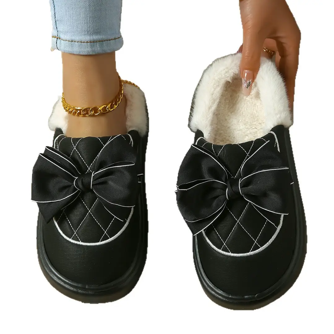 Bow-Knot Plush Cotton Slippers for Women, Autumn and Winter 2025 New Style, Indoor Home Use, Thick-Soled, Soft-Feel Cotton Slippers - Image 7