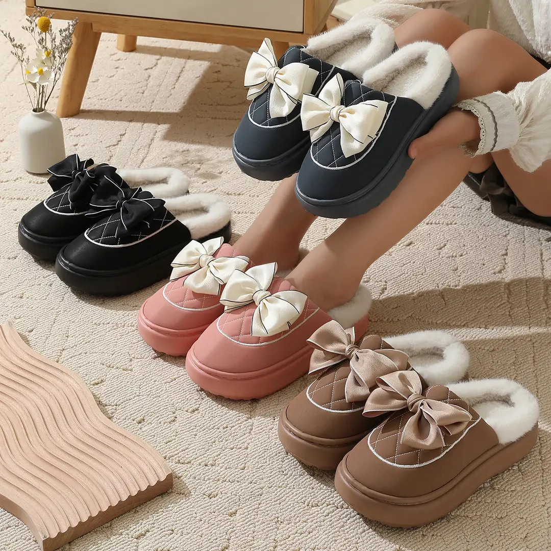 Bow-Knot Plush Cotton Slippers for Women, Autumn and Winter 2025 New Style, Indoor Home Use, Thick-Soled, Soft-Feel Cotton Slippers — feature 1