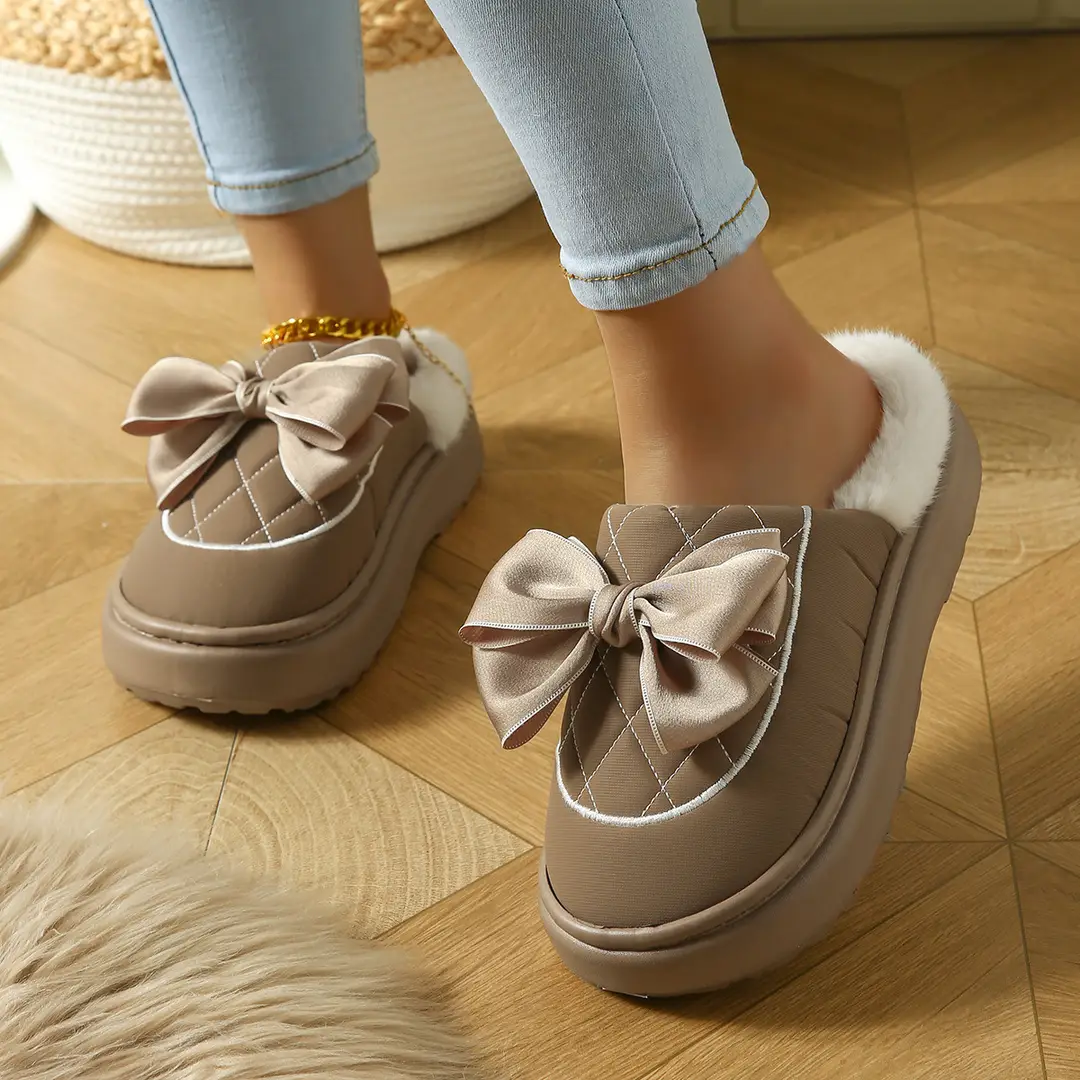 Bow-Knot Plush Cotton Slippers for Women, Autumn and Winter 2025 New Style, Indoor Home Use, Thick-Soled, Soft-Feel Cotton Slippers — feature 2