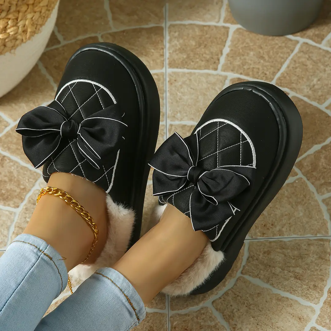 Bow-Knot Plush Cotton Slippers for Women, Autumn and Winter 2025 New Style, Indoor Home Use, Thick-Soled, Soft-Feel Cotton Slippers — feature 3