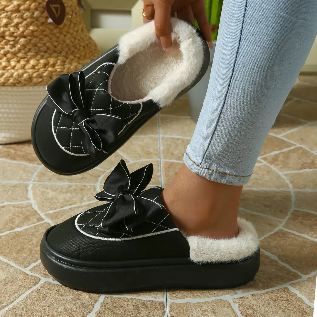 Bow-Knot Plush Cotton Slippers for Women, Autumn and Winter 2025 New Style, Indoor Home Use, Thick-Soled, Soft-Feel Cotton Slippers — feature 4