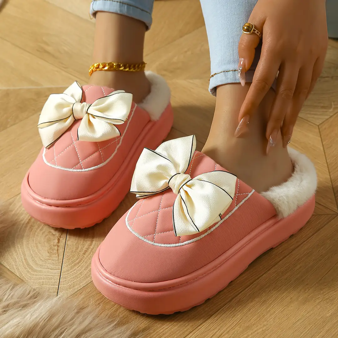 Bow-Knot Plush Cotton Slippers for Women, Autumn and Winter 2025 New Style, Indoor Home Use, Thick-Soled, Soft-Feel Cotton Slippers — feature 9