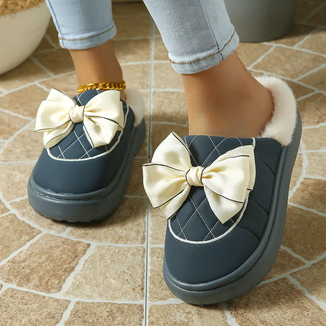 Bow-Knot Plush Cotton Slippers for Women, Autumn and Winter 2025 New Style, Indoor Home Use, Thick-Soled, Soft-Feel Cotton Slippers - Image 2