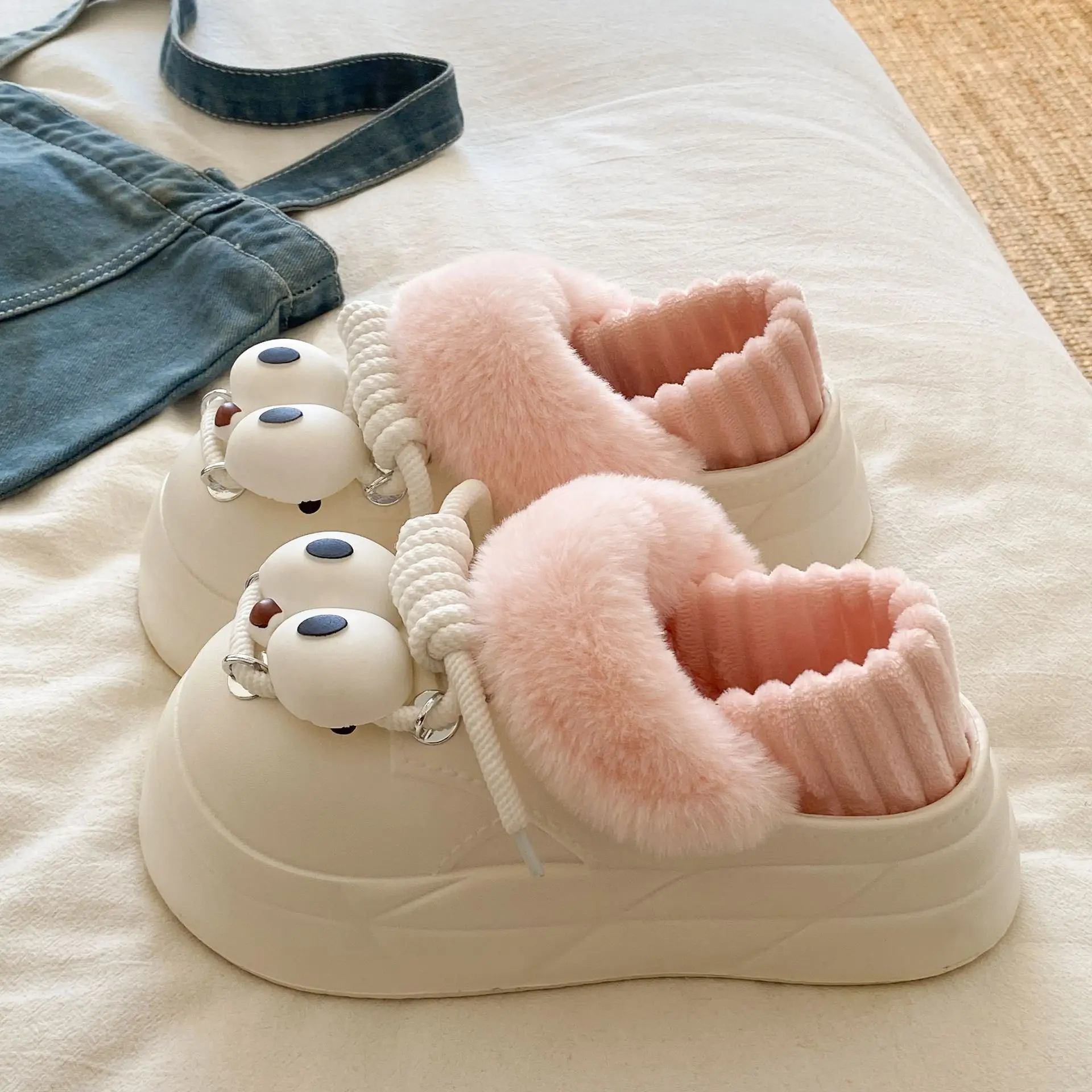 Women Cotton Baotou Hole Shoes Blue White Winter - Image 4