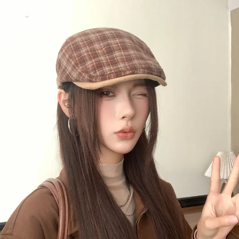 Women Wool Plaid Cap Autumn British Retro Hat - Image 7
