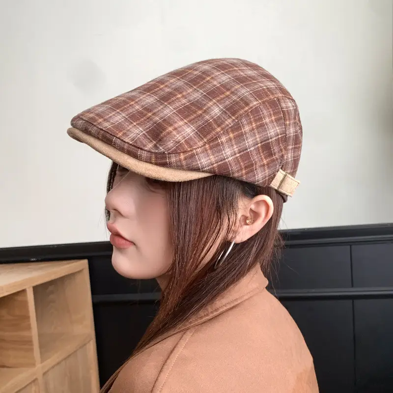 Women Wool Plaid Cap Autumn British Retro Hat — feature 10