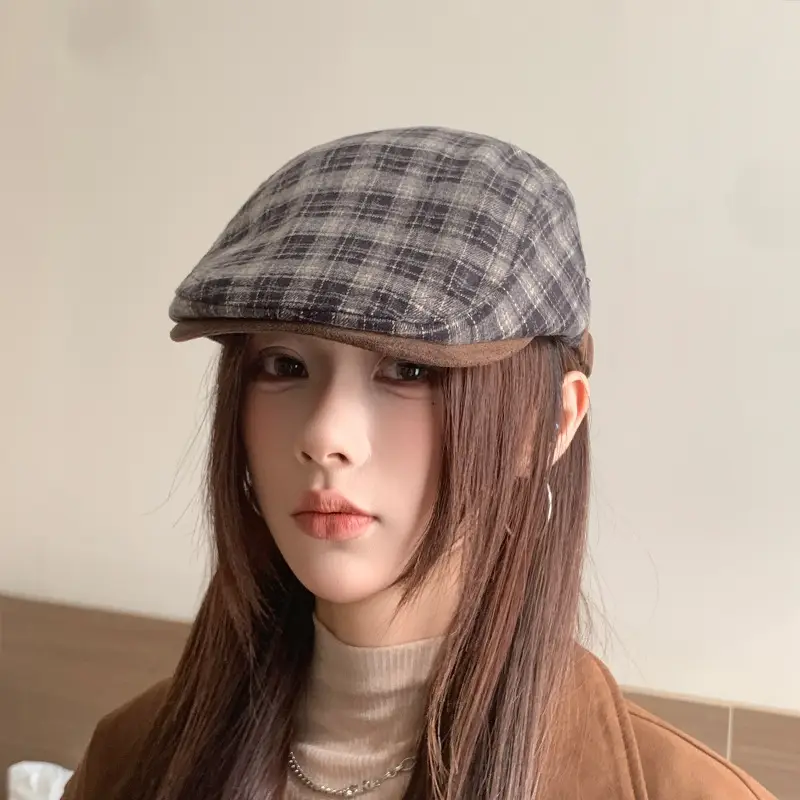Women Wool Plaid Cap Autumn British Retro Hat — feature 13