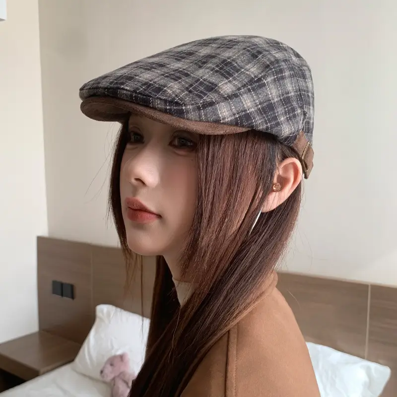 Women Wool Plaid Cap Autumn British Retro Hat — feature 14