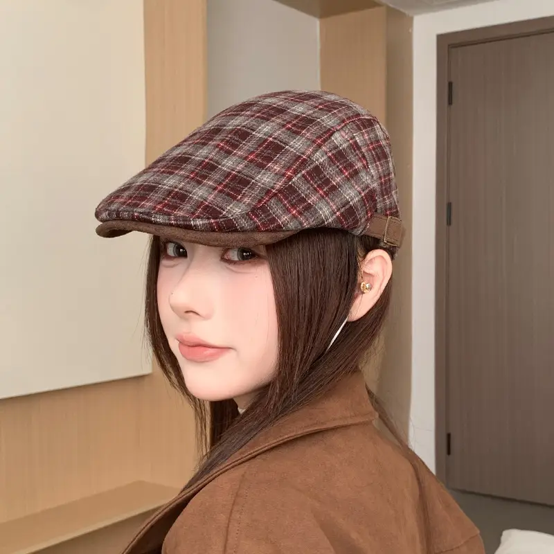 Women Wool Plaid Cap Autumn British Retro Hat — feature 15