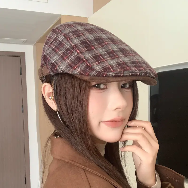 Women Wool Plaid Cap Autumn British Retro Hat — feature 19