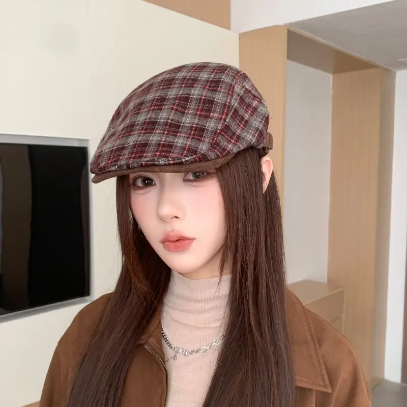 Women Wool Plaid Cap Autumn British Retro Hat — feature 20