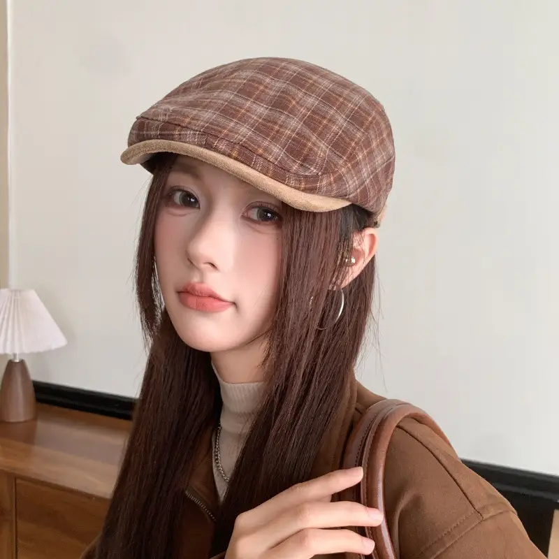 Women Wool Plaid Cap Autumn British Retro Hat — feature 9
