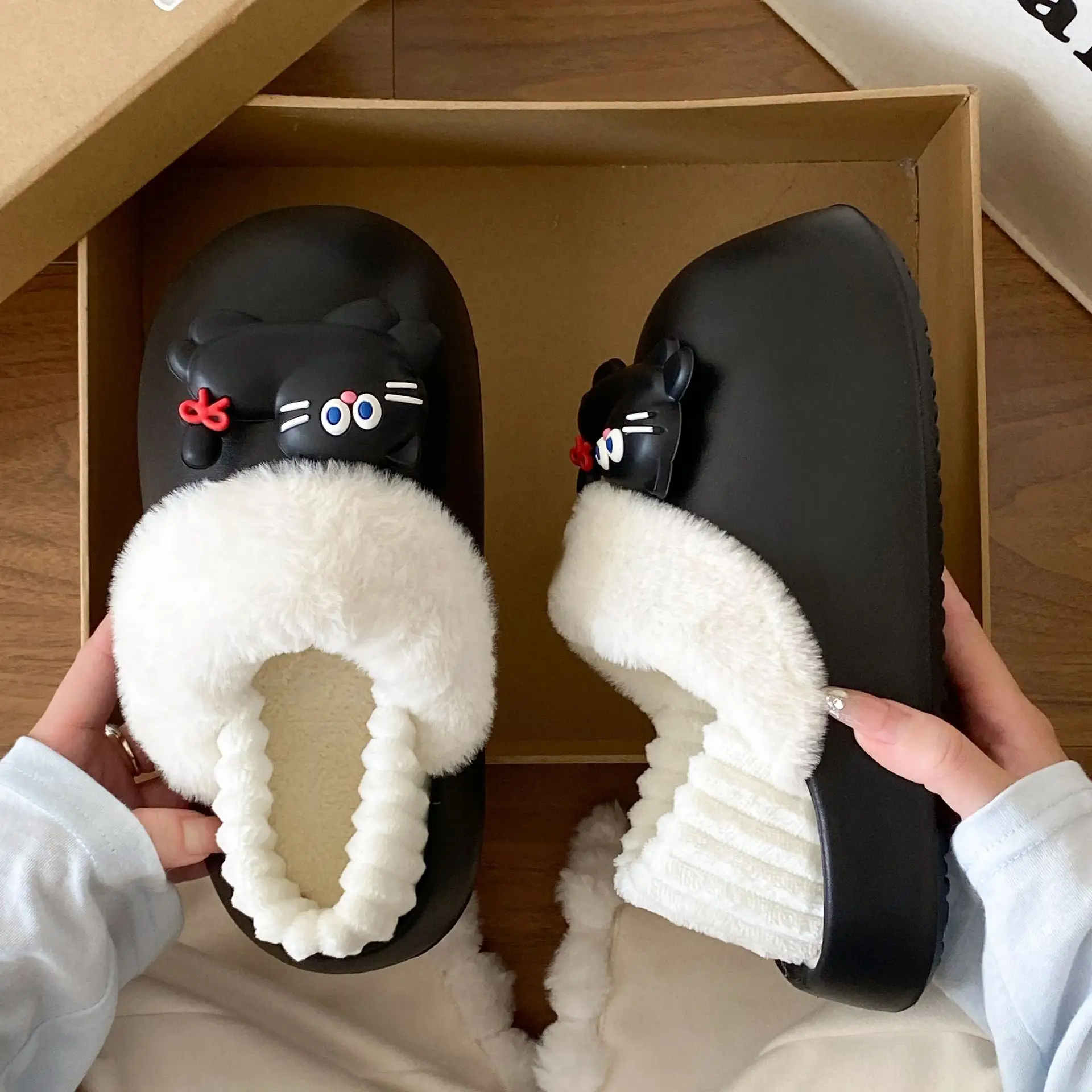 Women's Pink Faux Fur Cat Slippers Winter Warm Indoor - Image 9