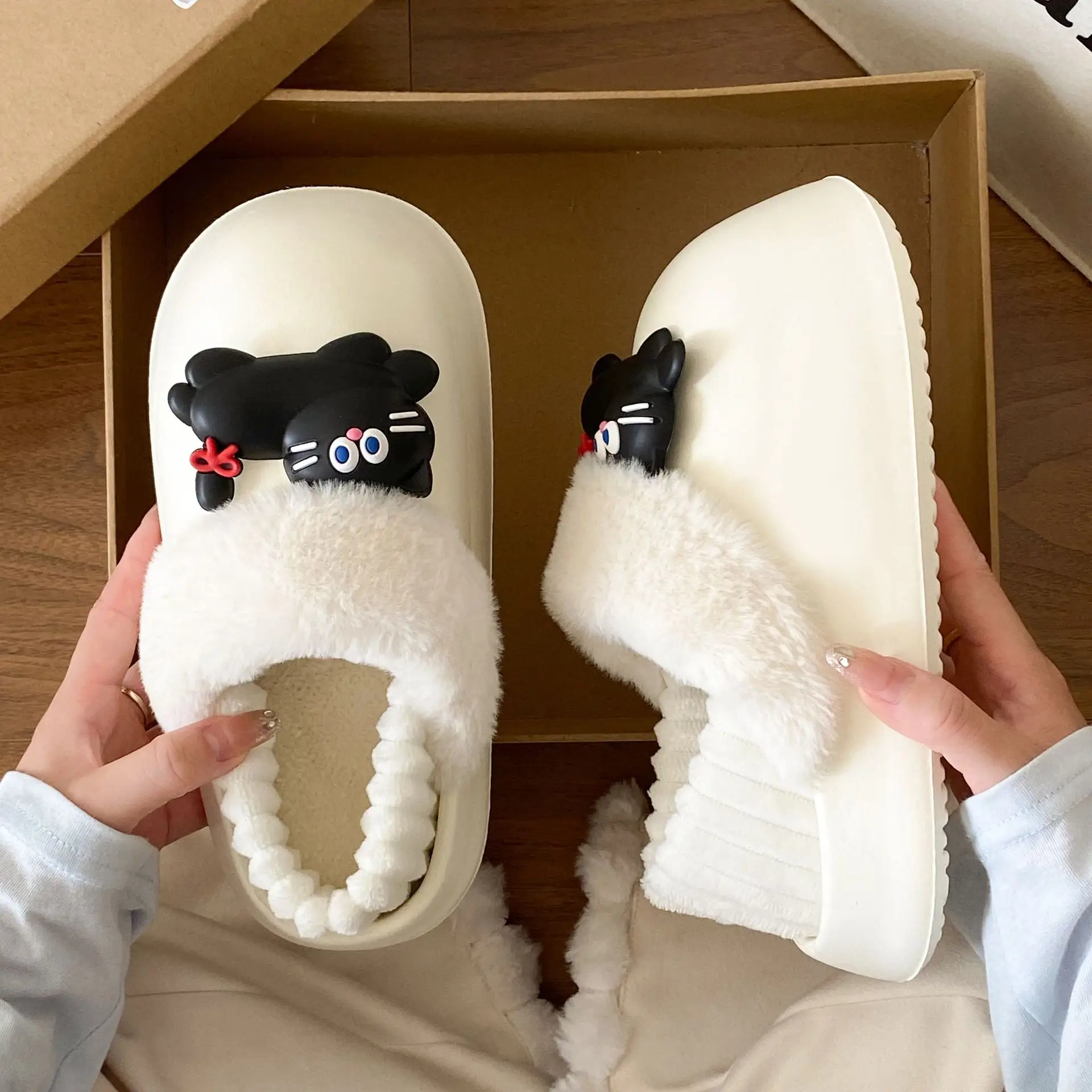 Women's Pink Faux Fur Cat Slippers Winter Warm Indoor - Image 10