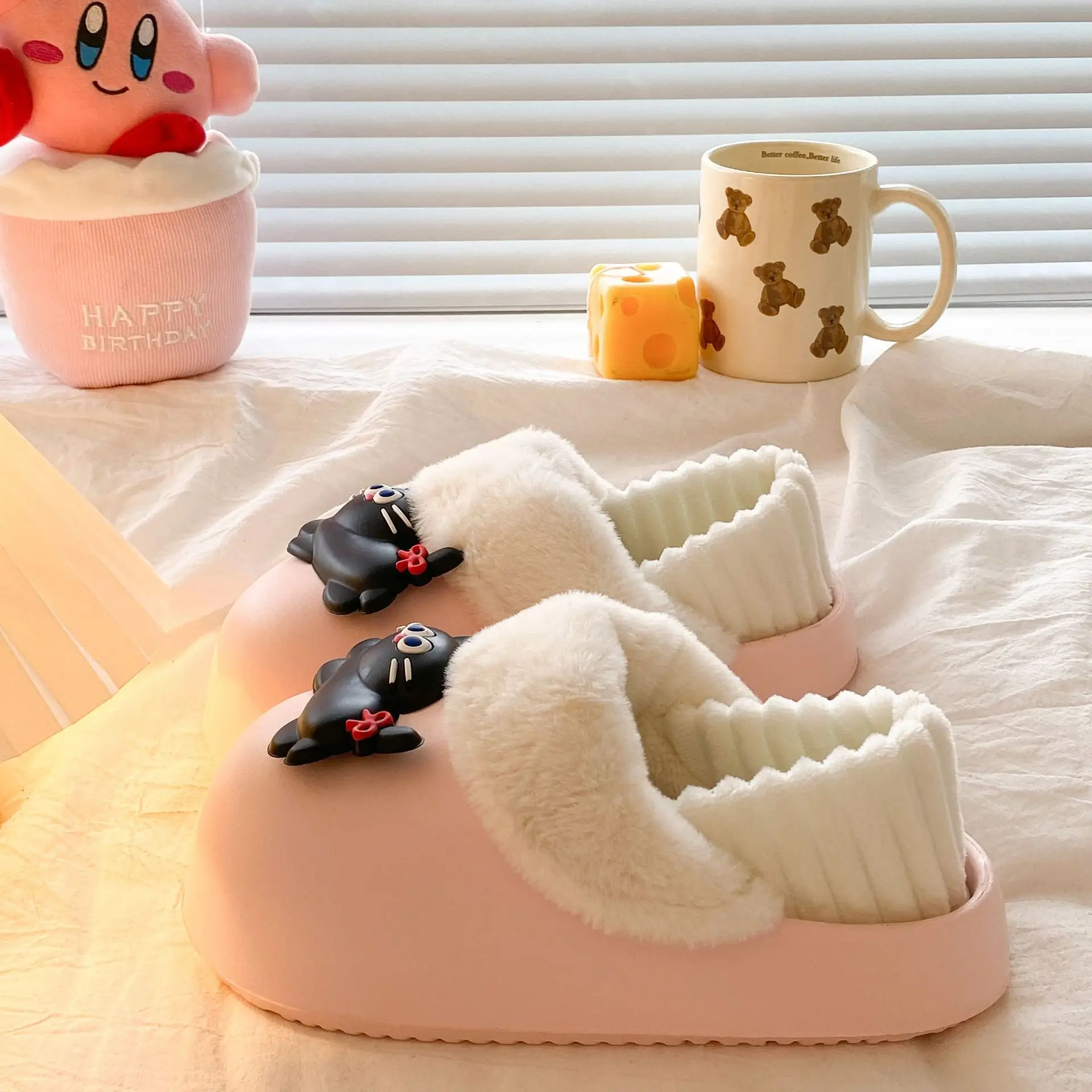 Women's Pink Faux Fur Cat Slippers Winter Warm Indoor - Image 11