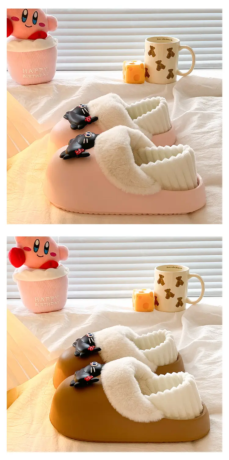 Women's Pink Faux Fur Cat Slippers Winter Warm Indoor — feature 24