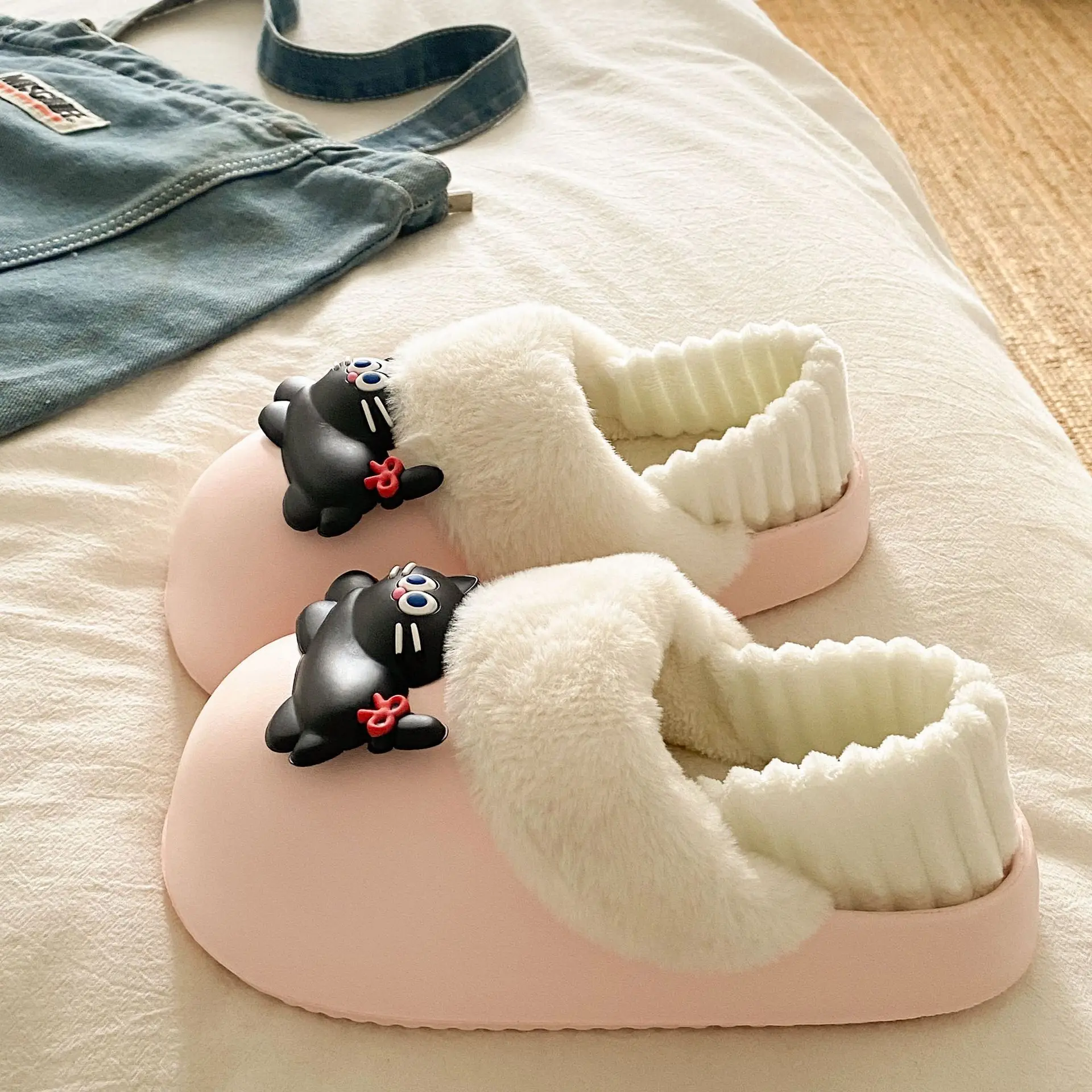 Women's Pink Faux Fur Cat Slippers Winter Warm Indoor - Image 4