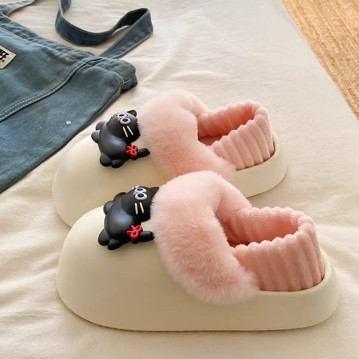 Women's Pink Faux Fur Cat Slippers Winter Warm Indoor - Image 7