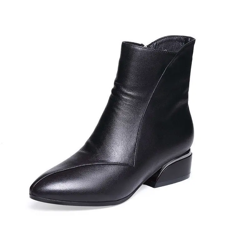 Women Fleece Lined Low Heel Boots Black Pointed Toe - Image 7