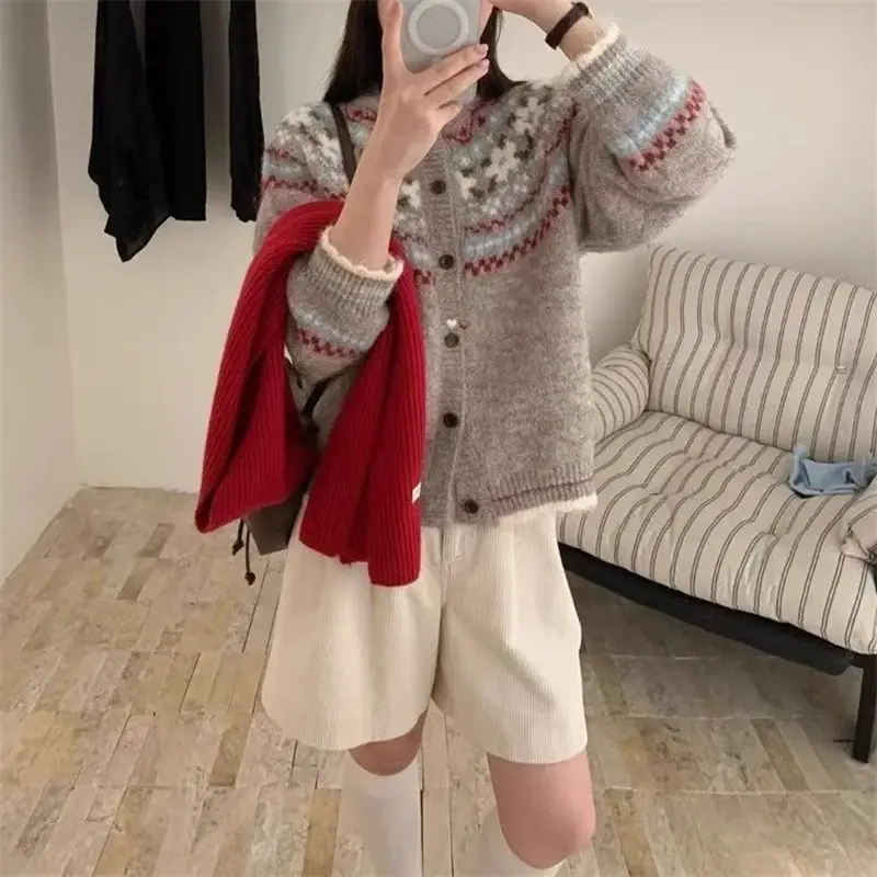 Ys Fair Isle Jacquard Loose Casual Sweater Jacket for Women Autumn and Winter Korean Style Contrasting Retro Style Knitted Cardigan Outer Wear