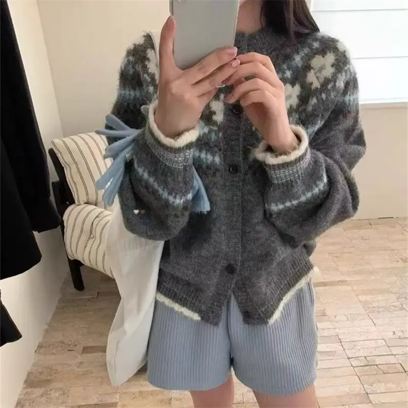 Ys Fair Isle Jacquard Loose Casual Sweater Jacket for Women Autumn and Winter Korean Style Contrasting Retro Style Knitted Cardigan Outer Wear