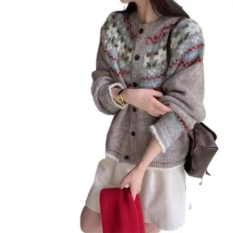Ys Fair Isle Jacquard Loose Casual Sweater Jacket for Women Autumn and Winter Korean Style Contrasting Retro Style Knitted Cardigan Outer Wear