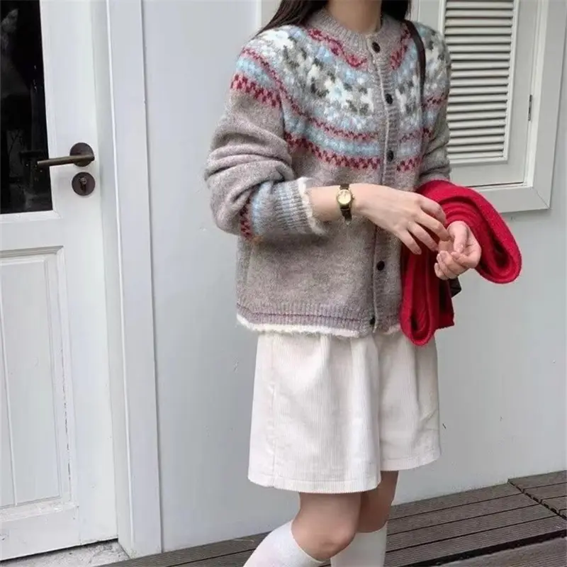 Ys Fair Isle Jacquard Loose Casual Sweater Jacket for Women Autumn and Winter Korean Style Contrasting Retro Style Knitted Cardigan Outer Wear — feature 10