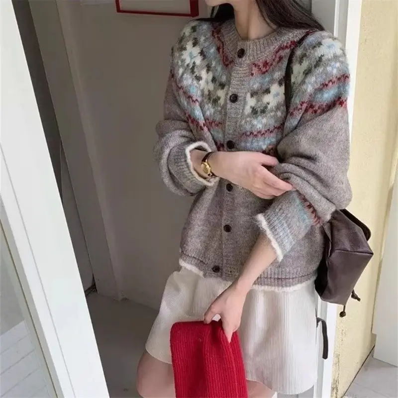 Ys Fair Isle Jacquard Loose Casual Sweater Jacket for Women Autumn and Winter Korean Style Contrasting Retro Style Knitted Cardigan Outer Wear — feature 11