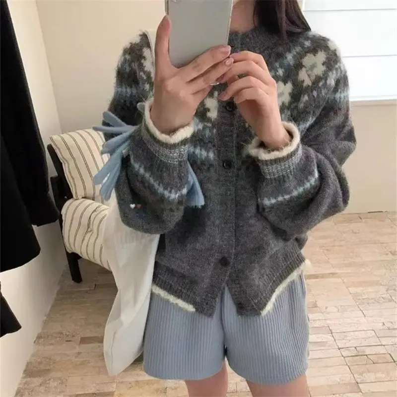 Ys Fair Isle Jacquard Loose Casual Sweater Jacket for Women Autumn and Winter Korean Style Contrasting Retro Style Knitted Cardigan Outer Wear — feature 4