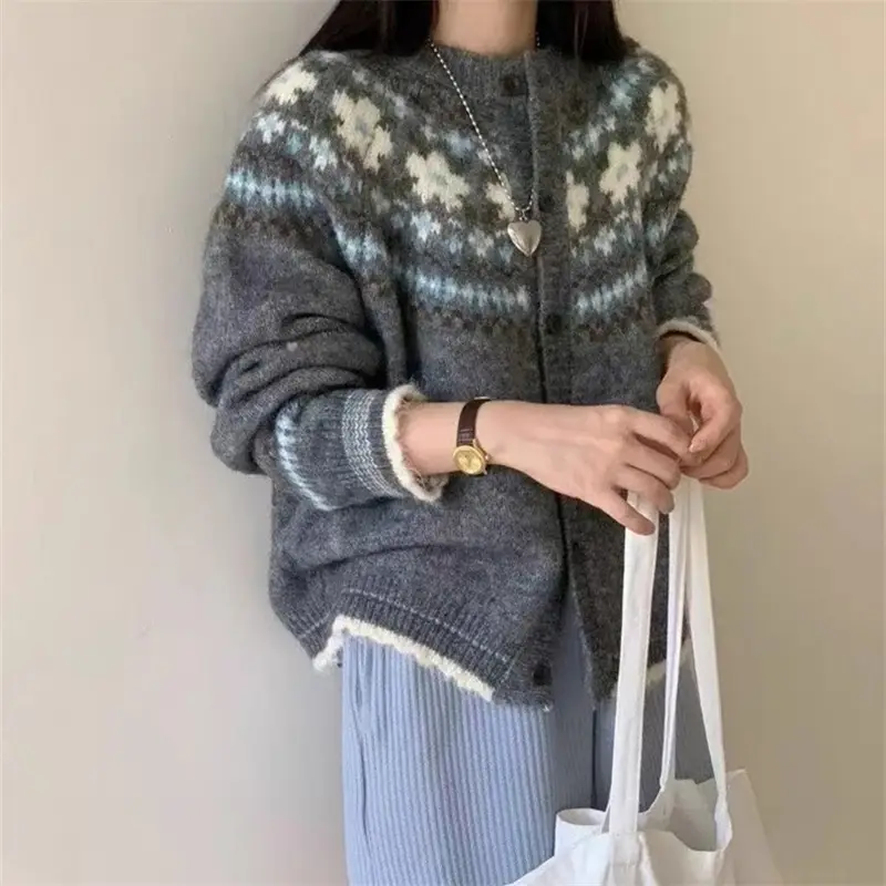 Ys Fair Isle Jacquard Loose Casual Sweater Jacket for Women Autumn and Winter Korean Style Contrasting Retro Style Knitted Cardigan Outer Wear — feature 5