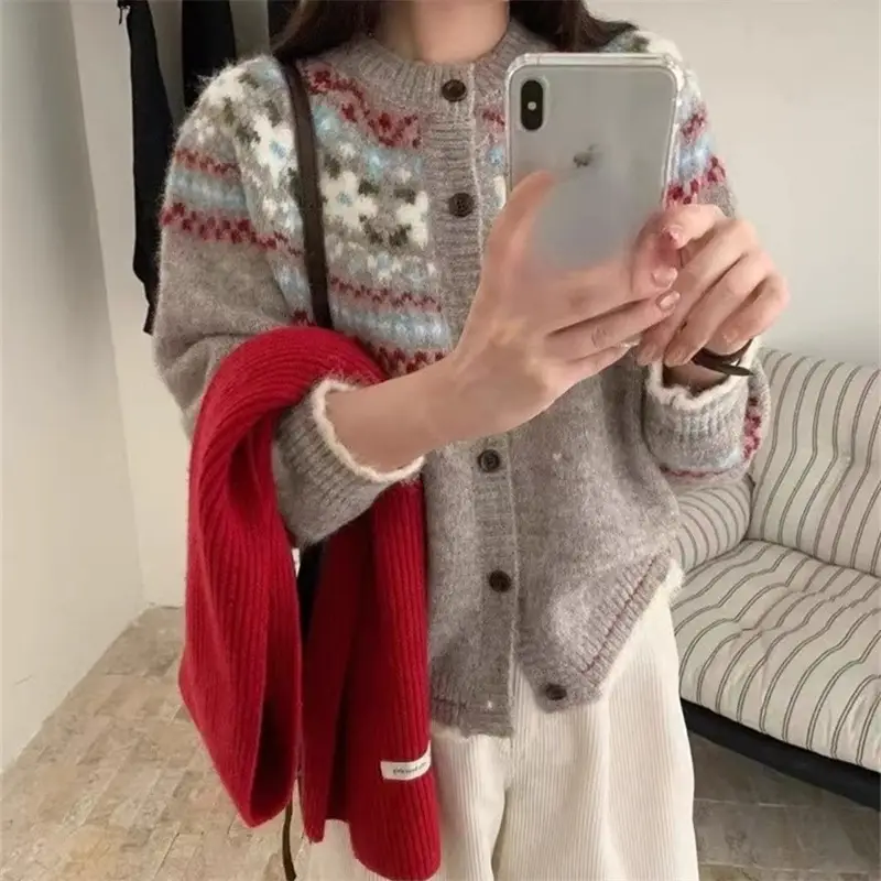 Ys Fair Isle Jacquard Loose Casual Sweater Jacket for Women Autumn and Winter Korean Style Contrasting Retro Style Knitted Cardigan Outer Wear — feature 9