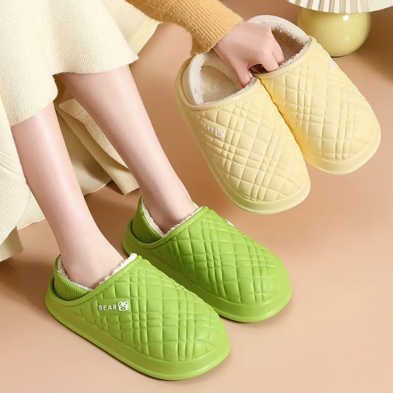 Women Green Quilted Winter Slippers Non-Slip Winter Fleece Lined - Image 7