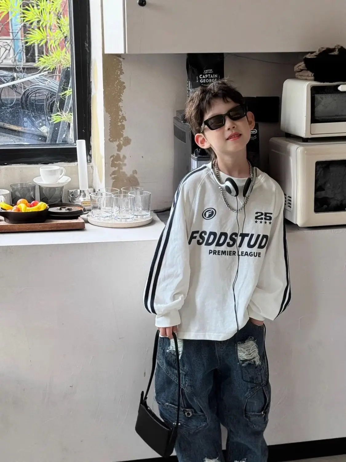 Kids Pure Cotton Round Neck Long Sleeve T-Shirt Black Medium - Image 4